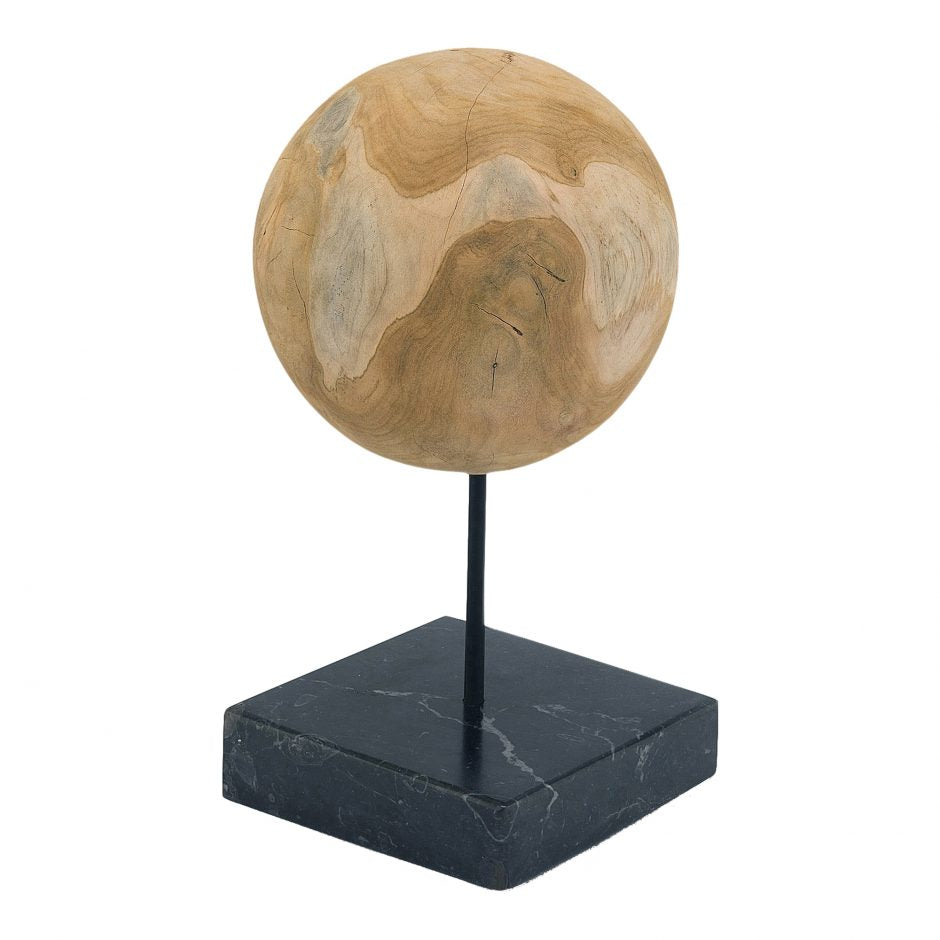 Round Teak Ball On Black Marble Base Medium